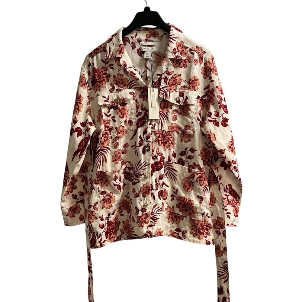 Rachel Zoe Linen Floral Shirt Jacket Birds 100% Linen Size L Tie Waist Spring
